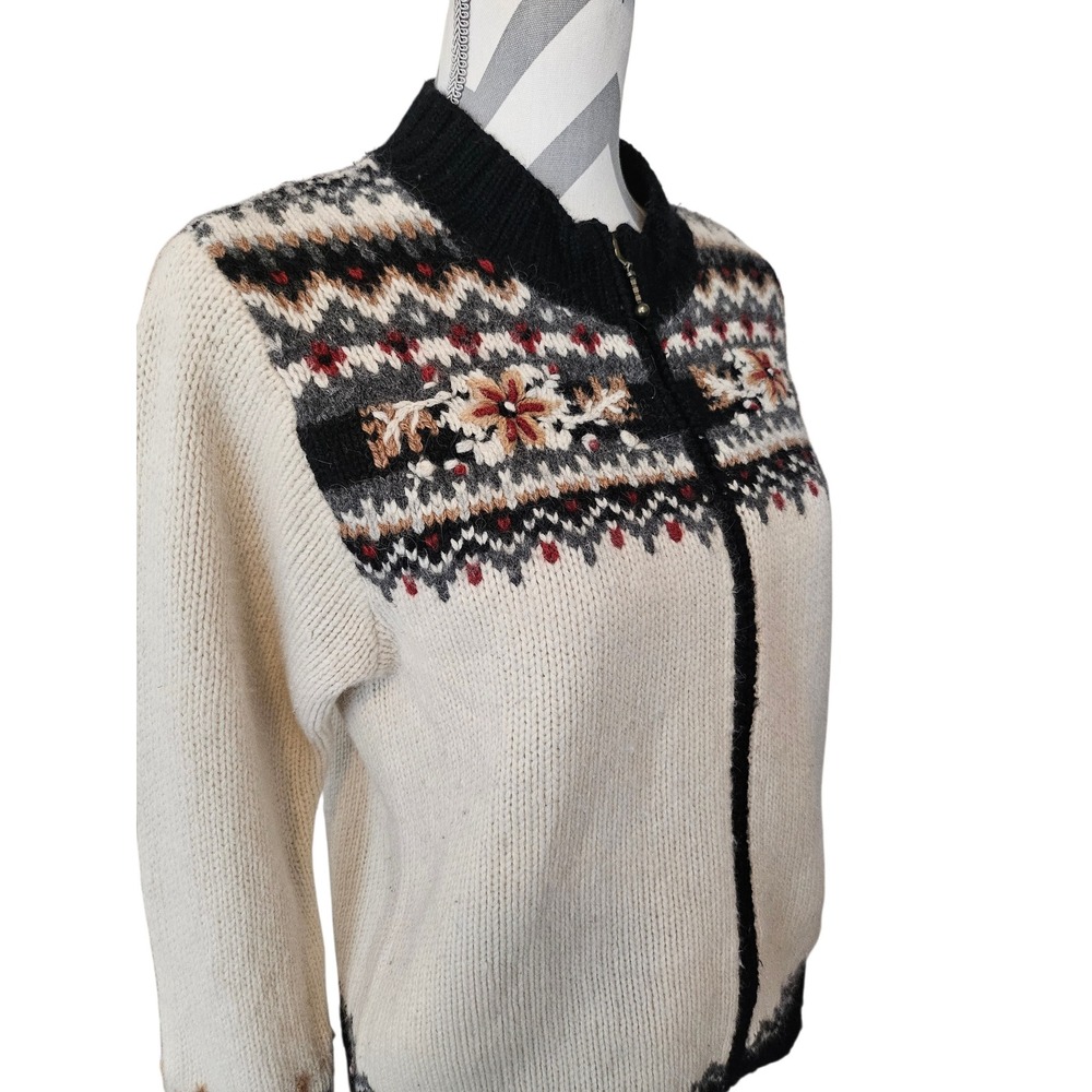 Icelandic Design Womens Lambswool Angora Fair Isle Zip Cardigan Sweater Cream S